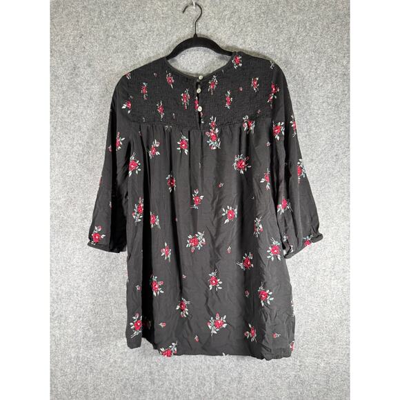 J Jill Blouse Women Medium Black Smocked Long Sleeve Floral Boho Relax Dark Fair - Picture 6 of 7